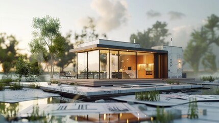Obraz premium A 3D illustration of a modern cottage situated on architectural blueprints