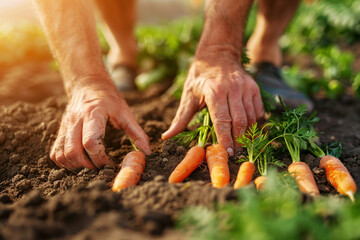 Fresh Carrots Being Harvested by Hands in Sunny Garden