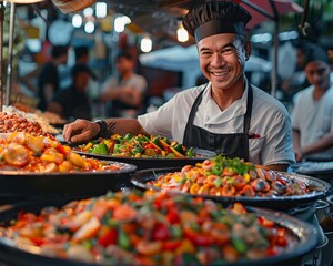 Fototapeta premium Engage viewers by illustrating a dynamic chef guiding a group of diverse tourists through bustling food markets worldwide, evoking a sense of adventure and discovery