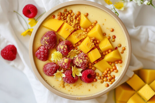 A bowl of fruit with raspberries and mangoes. The bowl is white and has a yellowish tint