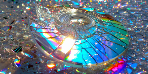 Shattered Compact Disc with Colorful Light Reflections