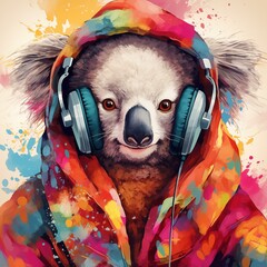 Headset noise fun portrait, koala wearing headphones
