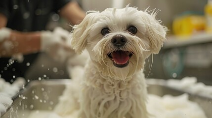 Behind-the-scenes of advanced pet grooming, showcasing skilled groomers and happy pets, detailed focus