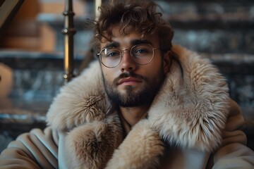 Fashionable man in faux fur coat stylish streetwear promoting animal protection. Concept Fashionable Man, Faux Fur Coat, Streetwear, Animal Protection, Stylish Portrait