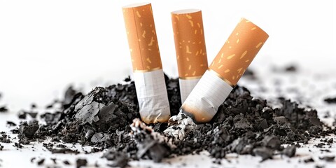 Pile of cigarette butts isolated on white background - obrazy, fototapety, plakaty