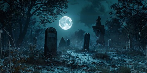 a graveyard with a full moon in the background - obrazy, fototapety, plakaty