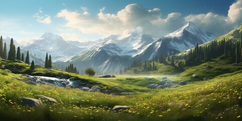 AI Generated. AI Generative. Green nature outdoor adventure vacation countryside landscape background meadow field with mountains hills. Graphic Art