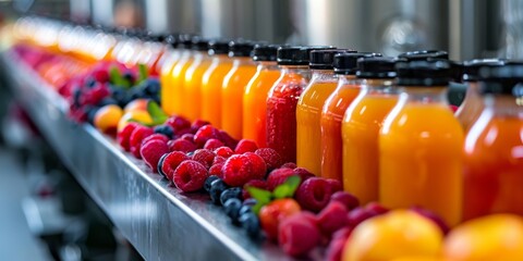 Berry and fruit juices on a conveyor belt. Automatic juice production. Generative AI
