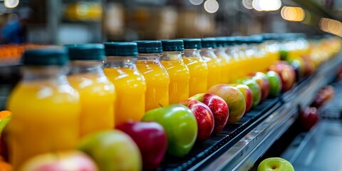Berry and fruit juices on a conveyor belt. Automatic juice production. Generative AI