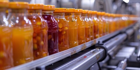 Fruit jam in glass jars on a conveyor belt. Automatic production of sweet marmalade. Generative AI - obrazy, fototapety, plakaty