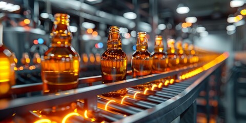 Brown glass bottles on a conveyor belt. Modern production line, beer bottling plant. Generative AI
