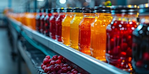 Berry and fruit juices on a conveyor belt. Automatic juice production. Generative AI