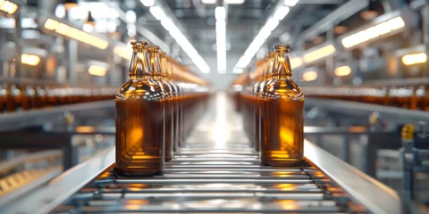 Fototapeten Brown glass bottles on a conveyor belt. Modern production line, beer bottling plant © 22_monkeyzzz