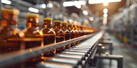 Brown glass bottles, brewery conveyor, modern bottle production line. Generative AI