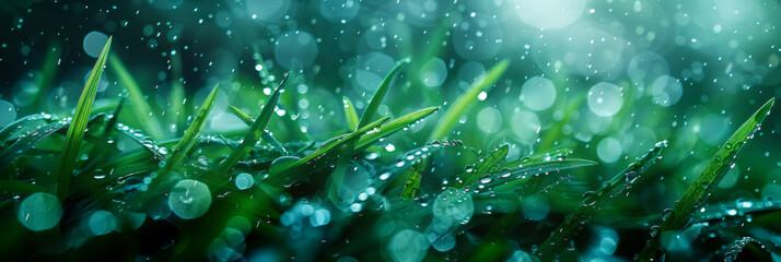 Dew drops glisten on blades of grass, captured in a panoramic view that emphasizes the freshness of...