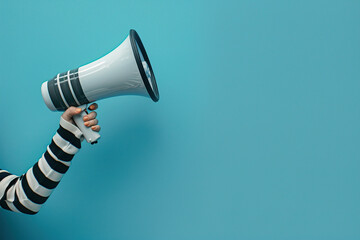Hand Holding Megaphone on Blue Background with Space - obrazy, fototapety, plakaty