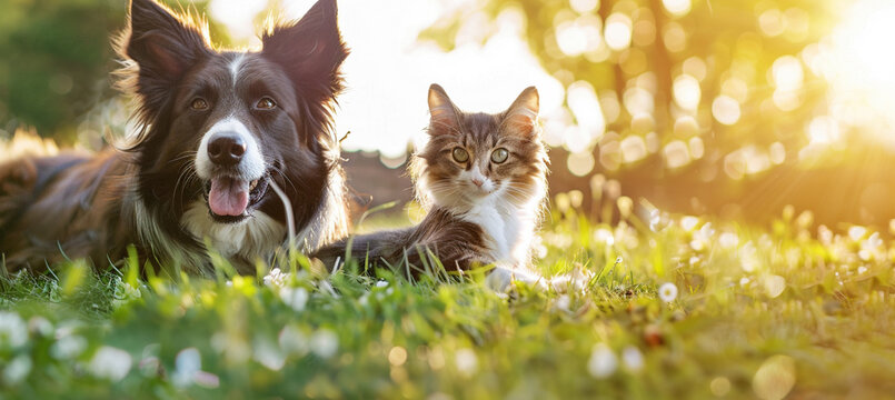 Happy Cat and Dog Lying Together on Summer Grass
