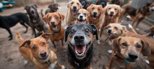 Assortment of Dogs Looking Up with Playful Expression