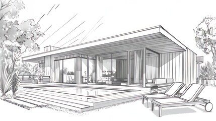 Black and white vector sketch of a contemporary wooden suburban house