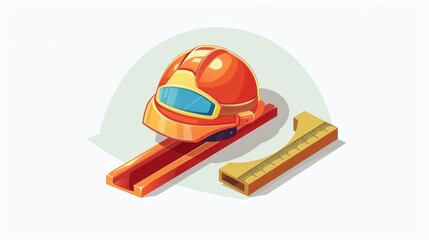 Vector icon of a construction hardhat with blueprint and level tool