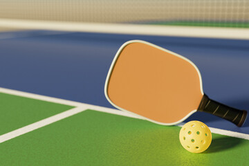 A racket with a pickleball ball on the court floor. Blurring net background, 3D rendering.