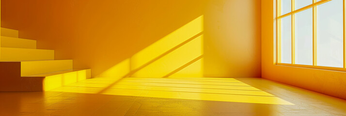 The sharp angles of a modern yellow staircase are highlighted by the stark sunlight streaming through a window. - Powered by Adobe
