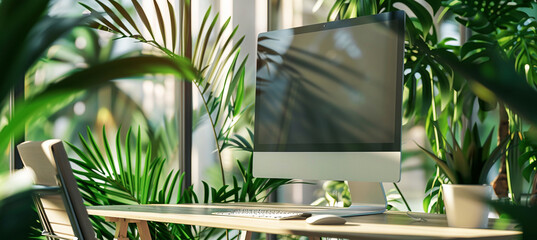 Modern Office Desk Setup with Computer Amidst Plants - obrazy, fototapety, plakaty