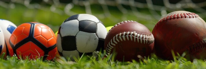 Assortment of Popular Sports Equipment and Balls on Grassy Field for Competitive or Recreational Activities - obrazy, fototapety, plakaty