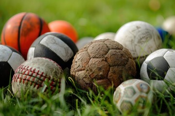 Assorted Sports Balls on Grass - obrazy, fototapety, plakaty