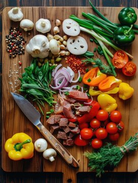 Colorful Fresh Ingredients for Cooking - Assortment of vegetables, herbs, and meat on a wooden cutting board