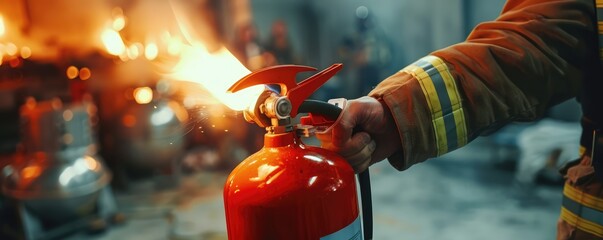 Close up of the fire extinguisher in hand fireman using for fire fighting - obrazy, fototapety, plakaty