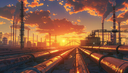Fototapeta na wymiar Industrial Oil and Gas Plant at Majestic Sunset
