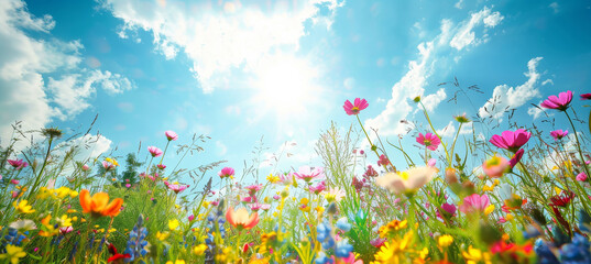 Vibrant Spring Meadow, Colorful Wildflowers Under Sunny Skies