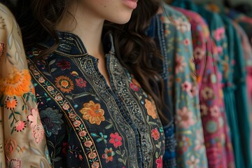 Choosing a Vintage Embroidered Dress from a Thrift Store Rack: Close-Up View. Concept Vintage Fashion, Thrift Store Finds, Embroidered Dresses, Shopping Haul, Close-Up Photography