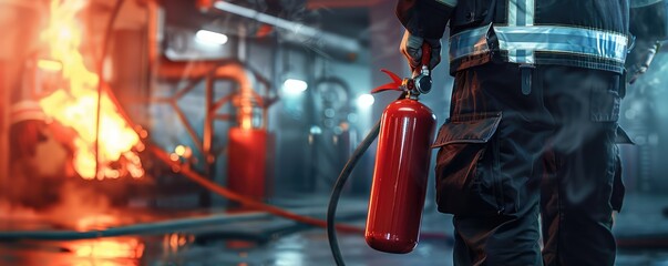 Close up of the fire extinguisher in hand fireman using for fire fighting