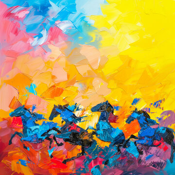 Abstract oil painting of galloping horses. Equestrian art, colourful painting, minimalist paint splash and brushstrokes. Large bold stroke oil painting with yellow, blue, pink copy space social media 