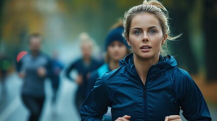 Fototapeta premium Stylish senior couple jogging in the park, wearing sportswear and smiling while running together outdoors at sunset. The concept of fitness for elderly people. 8k, real created by ai