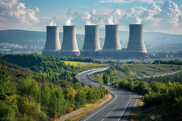 View from afar of a nuclear power plant, operating nuclear reactors against the backdrop of nature, peaceful atom - obrazy, fototapety, plakaty