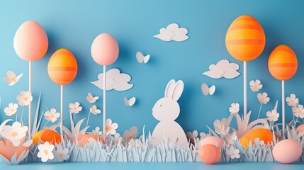Obraz premium A cute paper Easter rabbit is surrounded by colorful Easter eggs, fluffy clouds, blooming flowers, and floating balloons in a joyful event of happiness AIG42E