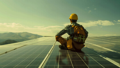An engineer takes a break after installing solar panels. - obrazy, fototapety, plakaty