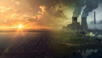 Fototapeta premium Comparison of electricity generation. A nuclear power plant on the one hand and solar panel plantations on the other.