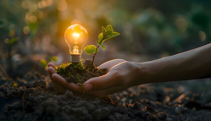 The concept of preserving the environment. A light bulb glowing in the soil and a green plant in the palm of a person's hand.