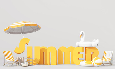 Beach umbrella with chairs and beach accessories on the bright orange background. Summer vacation concept with text SUMMER. Minimalism concept. 3D Rendering, 3D Illustration - 780786391