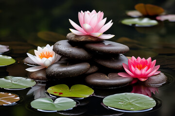 At the edge of a serene pond, weathered stones emerge from the still waters, adorned with delicate lotus flowers in full bloom, lotus spa, zen