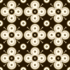 Victorian jewelry seamless pattern with golden chains, beads. Flower motif in classic grid composition. Detailed high contrast illustration in luxury vintage style.