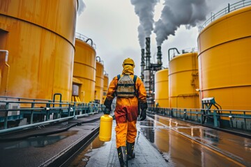 Obraz premium an industrial worker dons protective gear and holds a yellow gas canister against the backdrop of an oil factory 