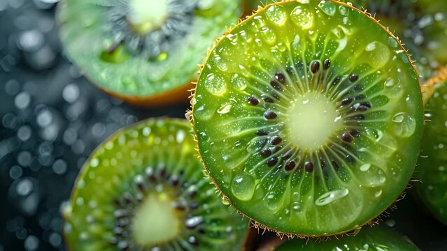Animated kiwi extravaganza: Fresh fruit animation, variety of juicy kiwi slices, tropical bliss concept