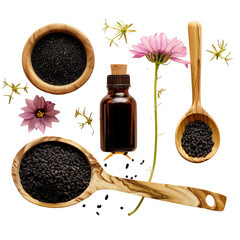 Wooden spoon with black seeds, essential oil bottle, and pink flower