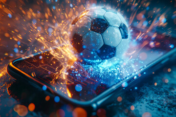 An electrifying moment captured as a soccer ball bursts in flames and ice from a smartphone screen,...