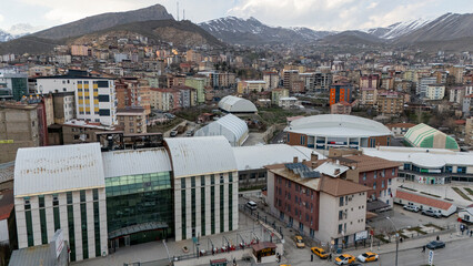 Aerial Hakkari City Center Stock Photo, a city established in the mountain ranges 